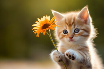 Fototapeta premium adorable fluffy kitten holding flower in paws outdoors