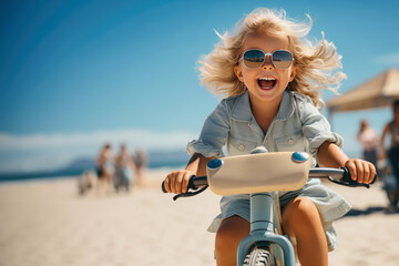 portrait of beautiful little girl in sunglasses riding bike with blue sky as background