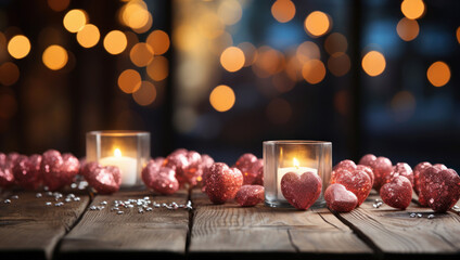 Valentine's Day background with pink glitter hearts and candles on wooden table