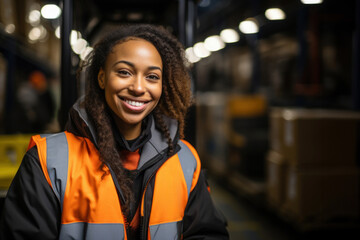 Obraz na płótnie Canvas smiling African American young woman working at warehouse