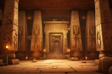 An ancient Egyptian temple with hieroglyphics and mystical symbols, shrouded in history and mythology. 