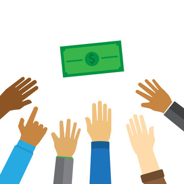 Employee hand reach out for money on white background