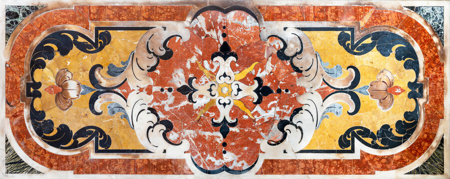 NAPLES, ITALY - APRIL 24, 2023: The baroque stone mosaic (pietra dura) in the church Chiesa di San Pietro Martire.