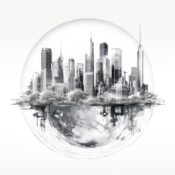 Hand-drawn Sketch of Earth with Urban Skyline on White Background.