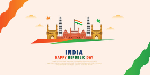 Indian republic day 26 January orange and green watercolor background social media banner or poster  design red fort, Qutub Minar  vector file