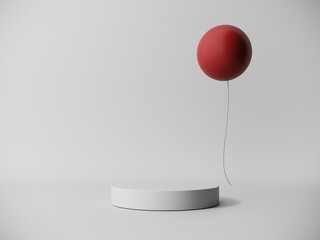 Minimalistic showcase, display. Premium podium, concrete stand on pastel, light background bright red element. Mock up for exhibitions, presentation of products - 3D, render.