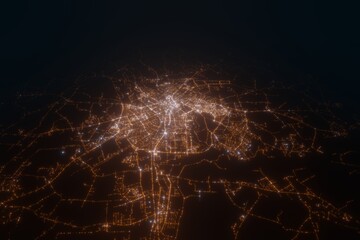 Aerial view on Tartu (Estonia) from south. Top view on modern city at night from satellite