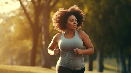 Photo of a young black woman jogging through the empty city park. Be alone with yourself during your morning run and recharge your batteries for the whole day. Keeping fit and fat burning concept.