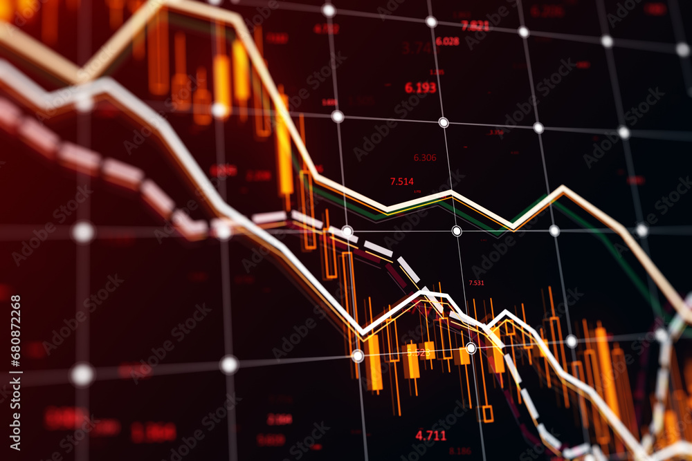 Poster illuminated stock market graphics on dark background indicating economic downturn. 3d rendering