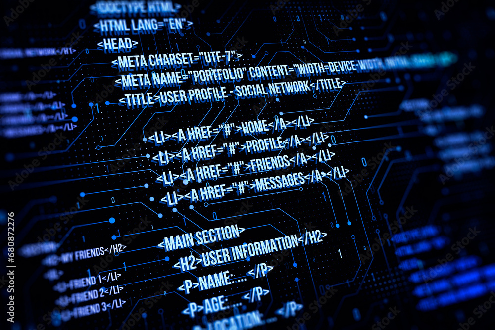 Poster Creative digital programming language on dark background. Software developer and html concept. 3D Rendering.