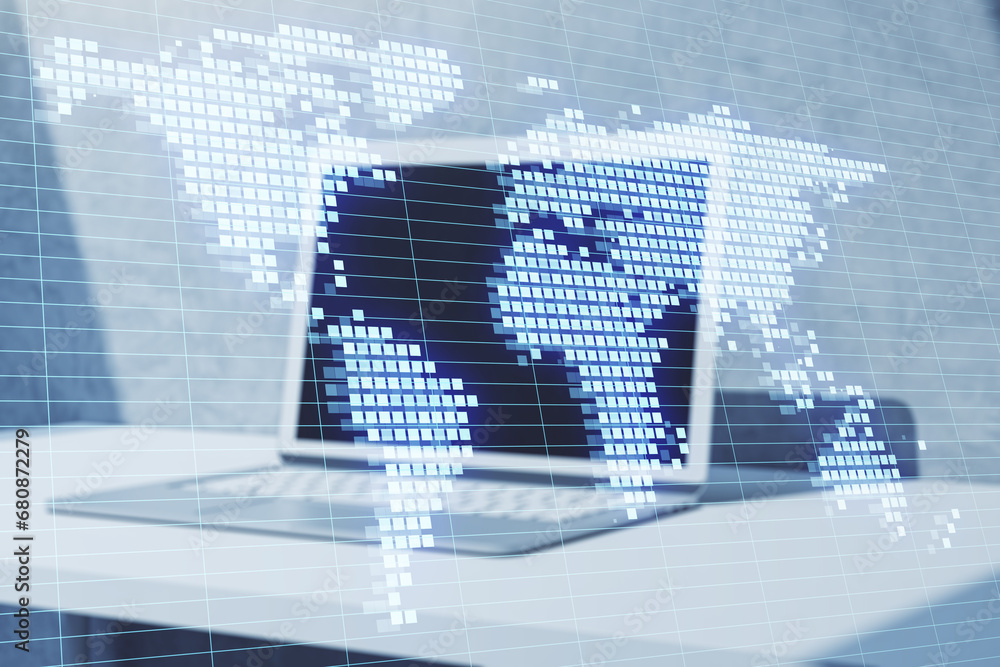 Poster Close up of laptop computer at light workplace with glowing digital pixel squares map of the world with spotlights on blurry background. Global business concept. Double exposure.