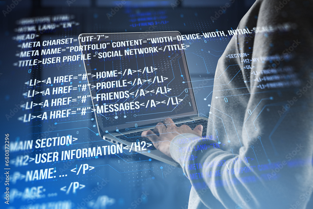 Aufkleber Close up of hacker using laptop with creative digital programming language on blurry background. Software developer, hacking, malware and html concept. Double exposure.