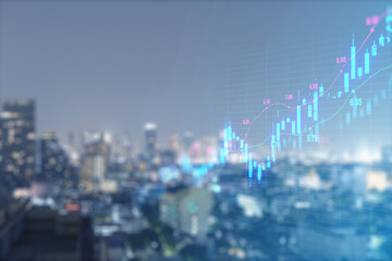 Abstract glowing upward candlestick forex chart on blurry city grid backdrop. Trade, finance and money concept. Double exposure.