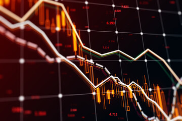 Illuminated stock market graphics on dark background indicating economic downturn. 3D Rendering - obrazy, fototapety, plakaty
