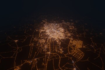 Aerial view on Aleppo (Syria) from east. Top view on modern city at night from space