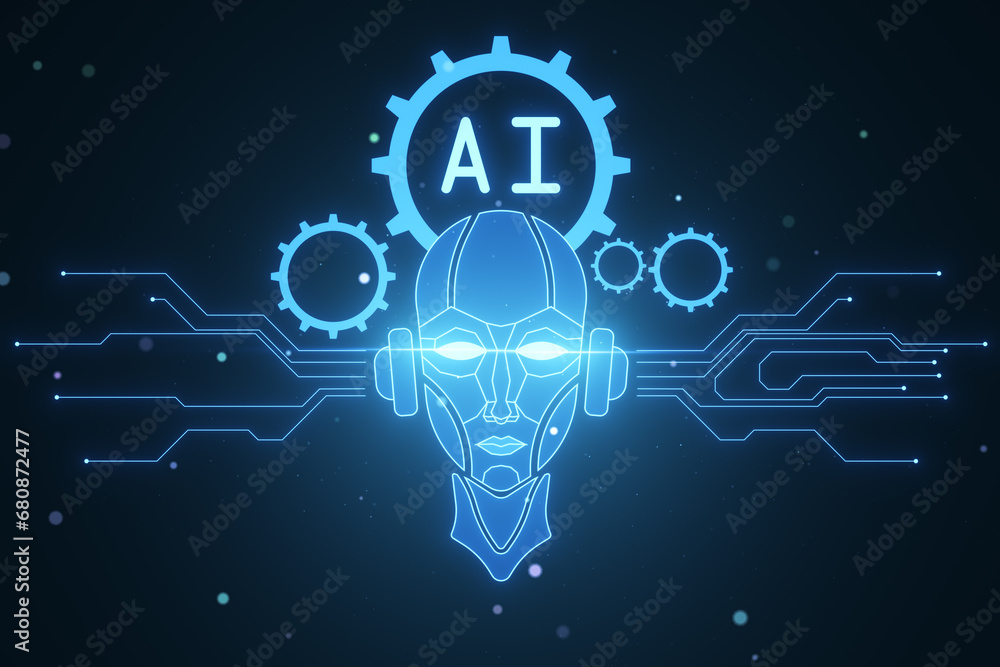 Poster creative glowing robot head and icons on dark blurry wallpaper. chat gpt, machine learning and ai co