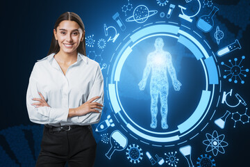 round medical interface with human body outline and healthcare icons. Telemedicine and innovation concept.