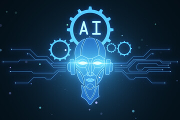 Creative glowing robot head and icons on dark blurry wallpaper. Chat GPT, machine learning and AI concept. 3D Rendering.