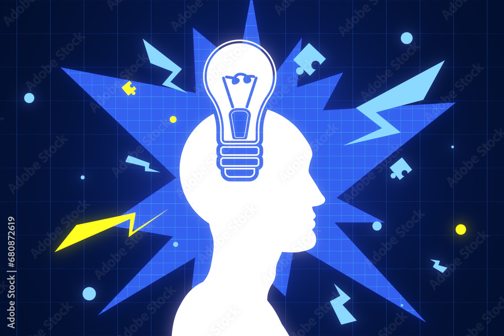 Poster Creative digital head with light bulb on blue background. Idea and solution concept. 3D Rendering.