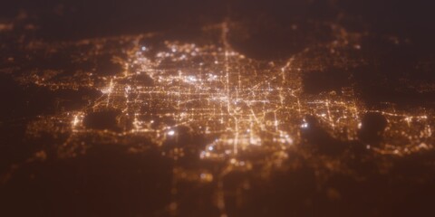 Street lights map of Orlando (Florida, USA) with tilt-shift effect, view from east. Imitation of macro shot with blurred background. 3d render, selective focus