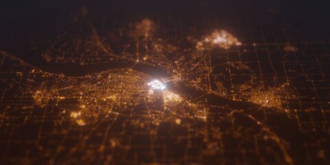 Street lights map of Peoria (Illinois, USA) with tilt-shift effect, view from west. Imitation of macro shot with blurred background. 3d render, selective focus