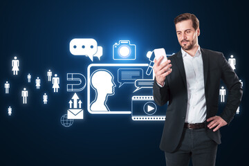 Attractive young european businesswoman using cellphone with creative digital marketing hologram on blue background. Promotion, chat gpt and alert concept.