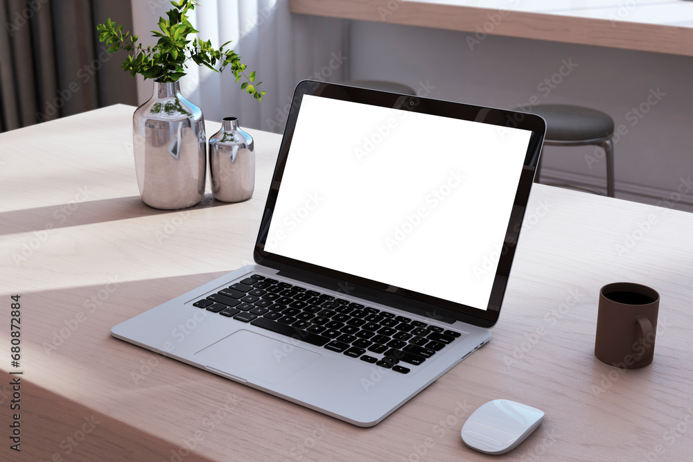 Aufkleber close u of creative designer desktop with empty white mock up laptop computer screen, coffee cup, ot