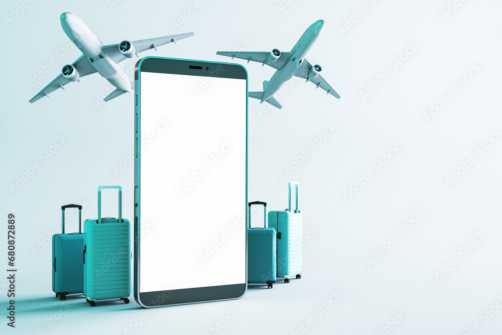 Poster travel concept with smartphone mockup and airplanes, emphasizing mobile flight booking services on a