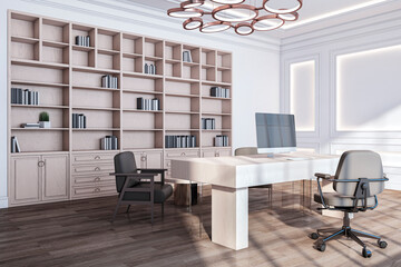 Bright classic office interior with wooden furniture and concrete walls, daylight. New York style apartment. 3D Rendering.