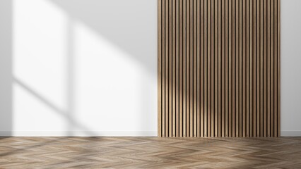 Empty room with parquet on the floor -3D render.Interior design in stylish rich colors. Minimalistic interior space with stylish, simple furniture. Free wall concept for posters, posters, advertising.