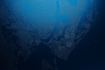 Obraz premium Street map of Maputo (Mozambique) engraved on blue metal background. View with light coming from top. 3d render, illustration