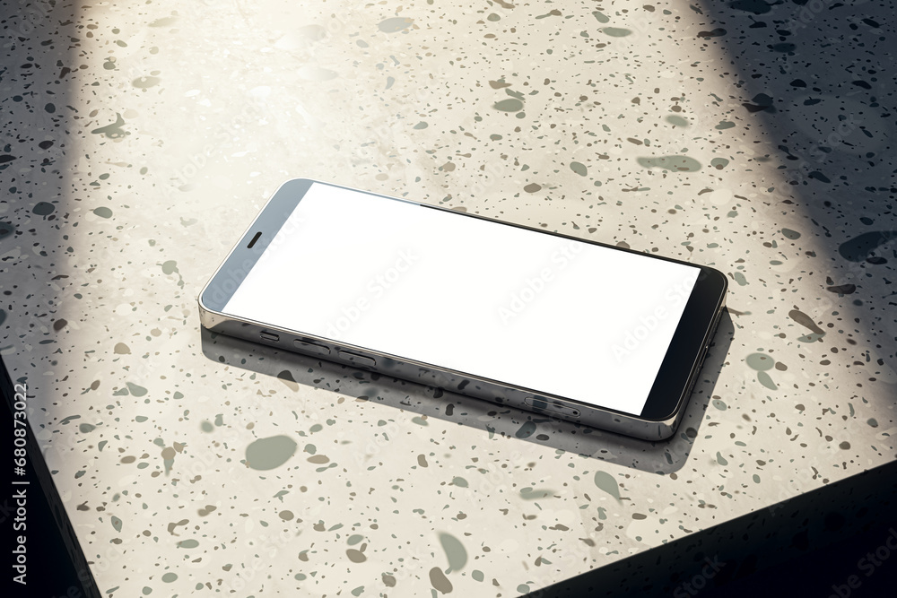 Poster close up of empty white cellphone on spotted table. mock up, 3d rendering.