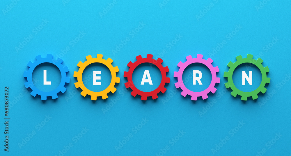 Poster the process of learning concept. the word learn written in cogwheels on blue background.