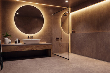Contemporary bathroom interior with illuminated round mirror and sink. 3D Rendering. - obrazy, fototapety, plakaty