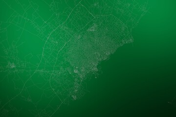 Map of the streets of Sfax (Tunisia) made with white lines on abstract green background lit by two lights. Top view. 3d render, illustration - obrazy, fototapety, plakaty