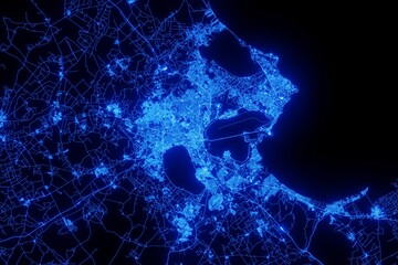 Street map of Tunis (Tunisia) made with blue illumination and glow effect. Top view on roads network - obrazy, fototapety, plakaty