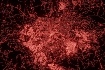Street map of Harare (Zimbabwe) made with red illumination and glow effect. Top view on roads network. 3d render, illustration