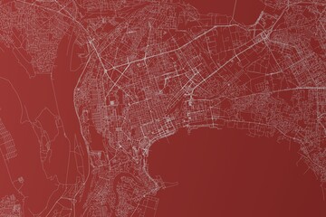 Map of the streets of Baku (Azerbaijan) made with white lines on red background. Top view. 3d render, illustration - obrazy, fototapety, plakaty
