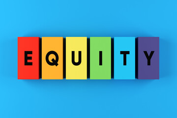 Gender equity and equality concept. LGBTIQ rights. The word equity on rainbow flag colorful blocks.