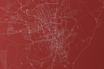 Map of the streets of Urumqi (China) made with white lines on red background. Top view. 3d render, illustration