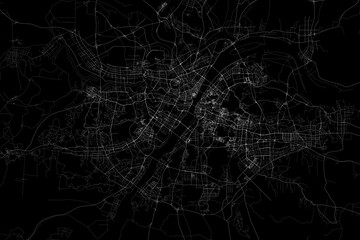 Stylized map of the streets of Wuhan (China) made with white lines on black background. Top view. 3d render, illustration