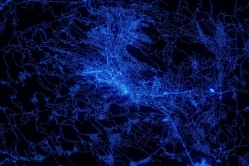 Street map of Tbilisi (Georgia) made with blue illumination and glow effect. Top view on roads network