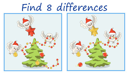Logic puzzle game. Find 8 differences in the picture with three owls decorating a Christmas tree. Vector illustration for children's development. Activity book.
