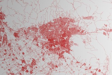 Map of the streets of Tehran (Iran) made with red lines on white paper. 3d render, illustration