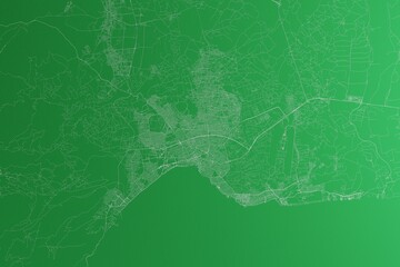 Map of the streets of Antalya (Turkey) made with white lines on green paper. Rough background. 3d render, illustration