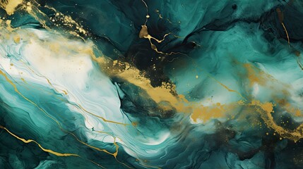Exquisite Marble Ink Abstract Art with streaks of green, white, and gold.