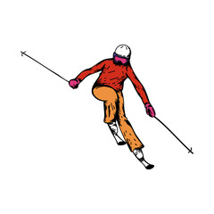Vector illustration of Ski rider isolated on white background. Winter holiday - skier. Black ink hand drawn line sketch style.