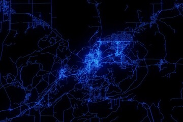 Street map of Sudbury (Canada) made with blue illumination and glow effect. Top view on roads network
