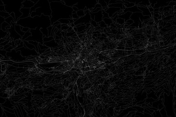 Stylized map of the streets of Innsbruck (Austria) made with white lines on black background. Top view. 3d render, illustration