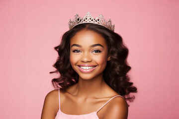 Obraz na płótnie Canvas Sweet sixteen birthday black teenager wearing a crown and a pink dress on a pastel pink background, beauty pageant